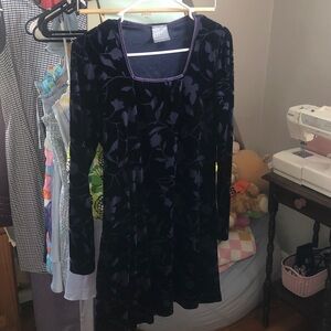Rabbit Rabbit Rabbit Velvet Floral Dress in Deep Navy and Purple Trim